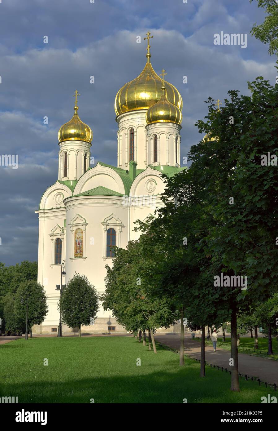 Cathedral of St. Catherine the great Martyr. Restored Orthodox Church in the Russian architectural tradition with Golden domes. Pushkin, St. Petersbur Stock Photo