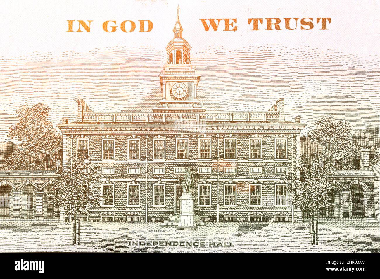 Independence Hall on back side 100 dollars banknote. Hundred dollars bill fragment on macro Stock Photo