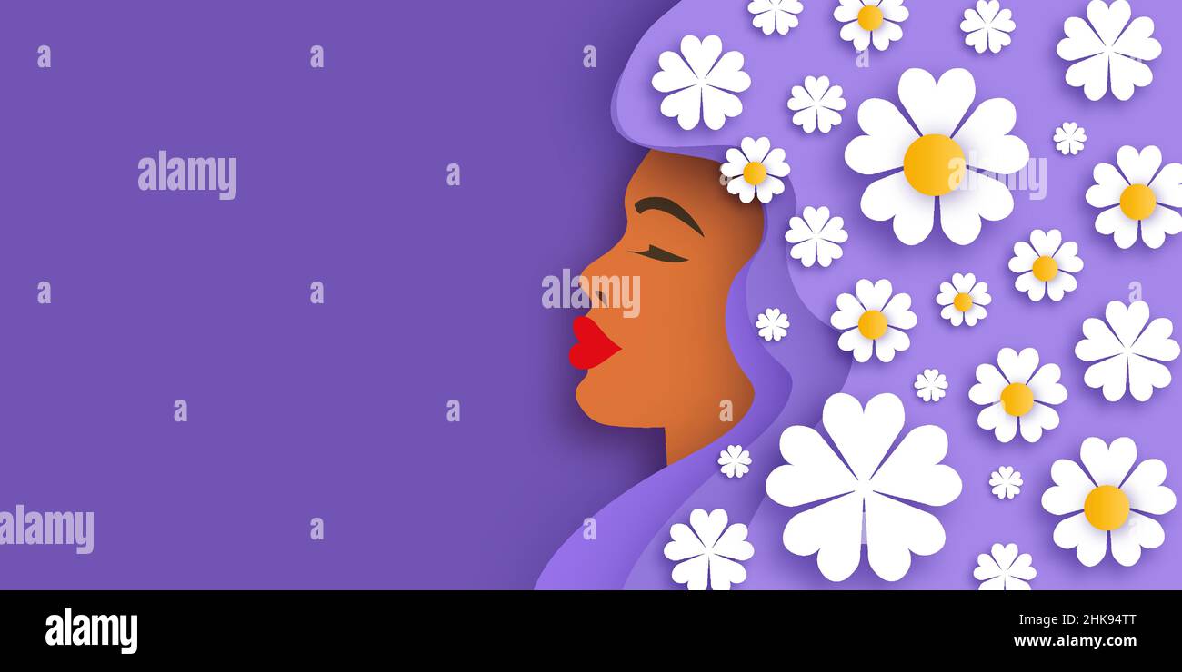 Female portrait with paper cut daisy flowers. Happy Women's day. Happy Mother's Day. Abstract Hand drawn paper cut floral shapes. Trendy contemporary Stock Vector