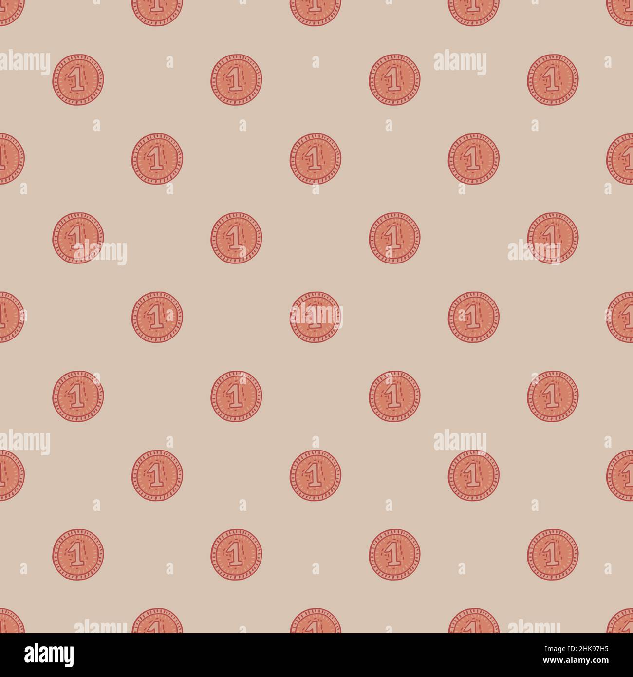 Coins seamless pattern. Hand drawn background from money. Repeated texture in doodle style for fabric, wrapping paper, wallpaper, tissue. Vector illus Stock Vector