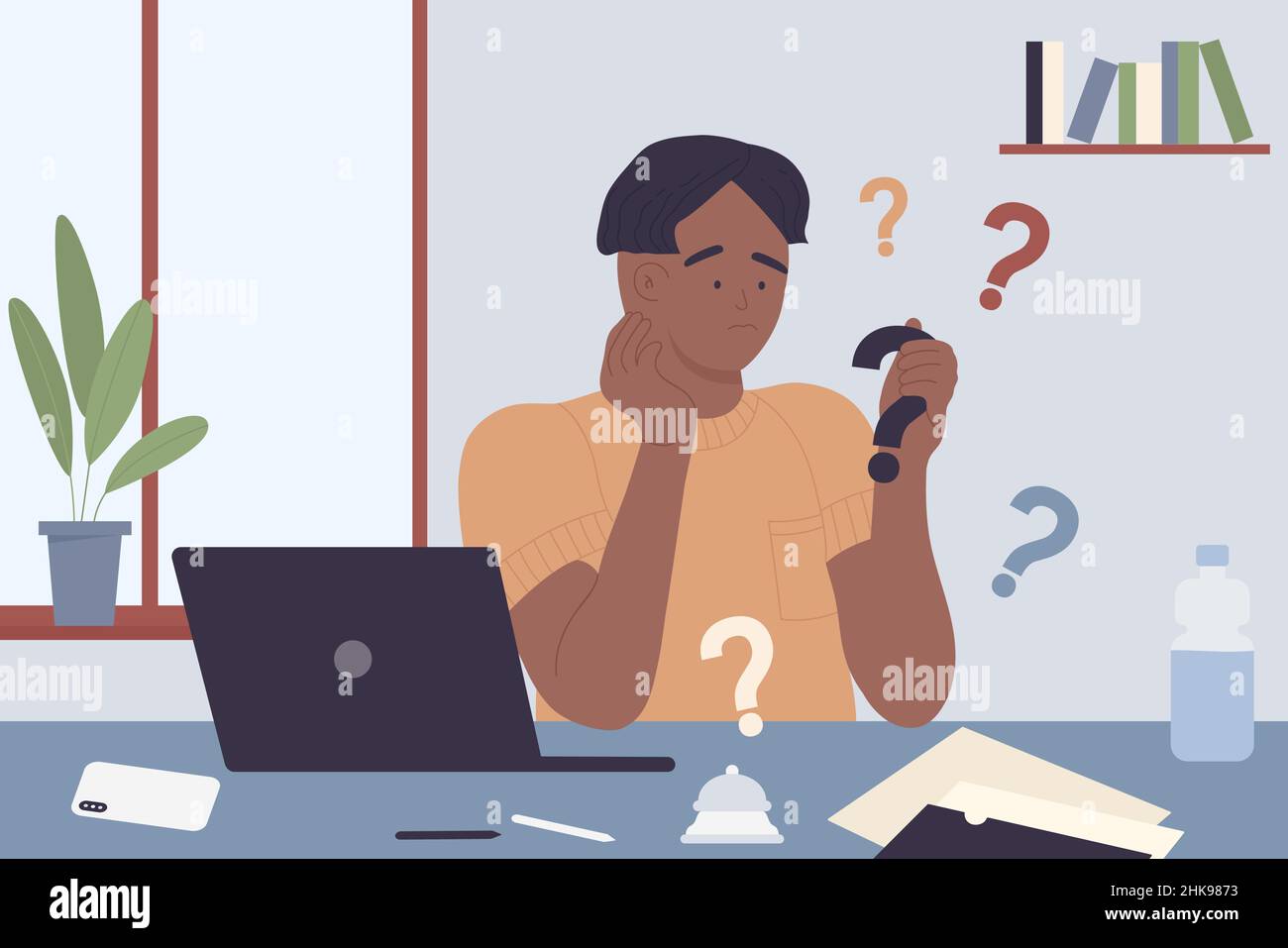 Person holding question mark in hand vector illustration. Cartoon young man with puzzled face sitting at desk with laptop, student thinking about answer, boy asking himself about future plan and ideas Stock Vector