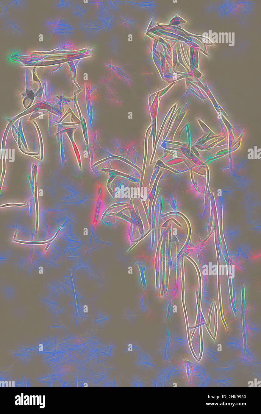 Inspired by Two women. Two women, Reimagined by Artotop. Classic art reinvented with a modern twist. Design of warm cheerful glowing of brightness and light ray radiance. Photography inspired by surrealism and futurism, embracing dynamic energy of modern technology, movement, speed and revolutionize culture Stock Photo