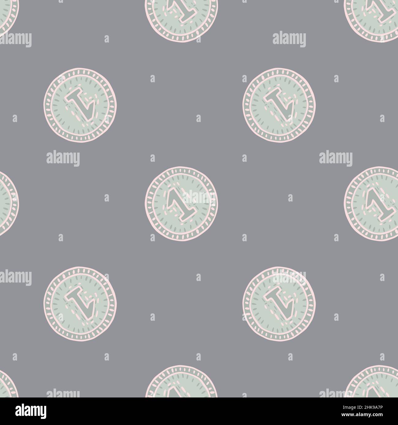 Coins seamless pattern. Hand drawn background from money. Repeated texture in doodle style for fabric, wrapping paper, wallpaper, tissue. Vector illus Stock Vector