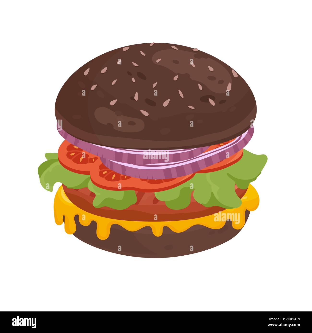 Tasty big burger grilled with dark bread buns. American fast food cuisine meal cartoon vector illustration Stock Vector