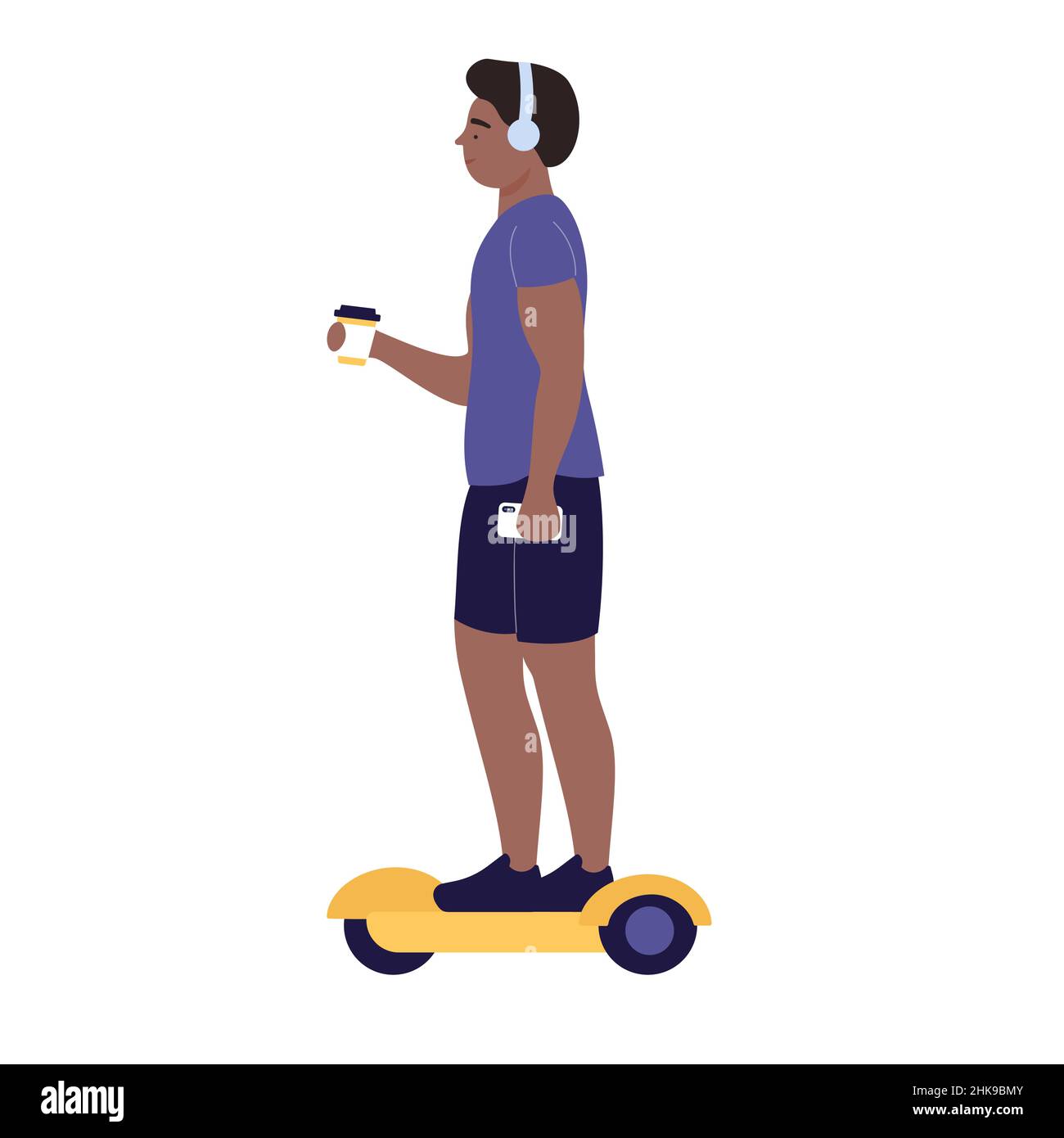 Boy with coffee riding on self balancing hoverboard. Personal eco transportation gadget cartoon vector illustration Stock Vector