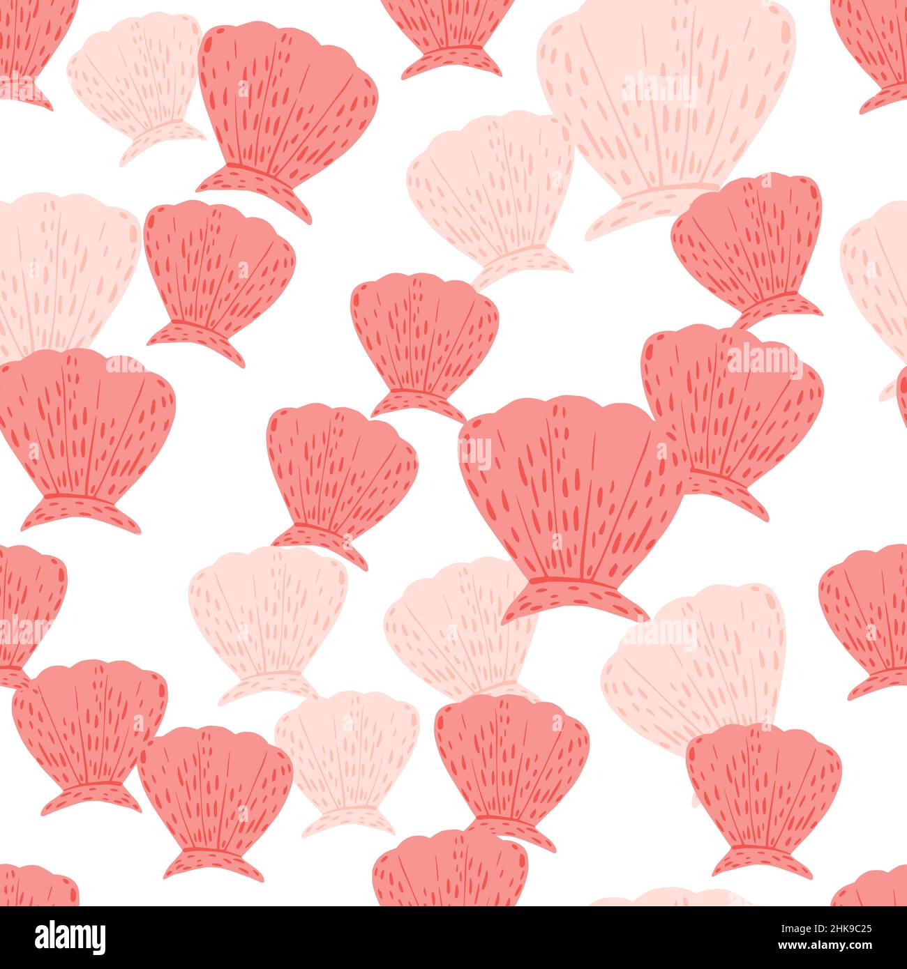 Seashells seamless pattern. Cute conch in doodle style. Beautiful marine texture for fabric, wrapping paper, wallpaper, tissue, illustration. Stock Vector