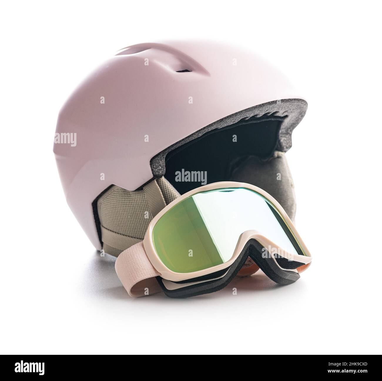 Ski or snowboarding helmet with goggles isolated on a white background. Stock Photo