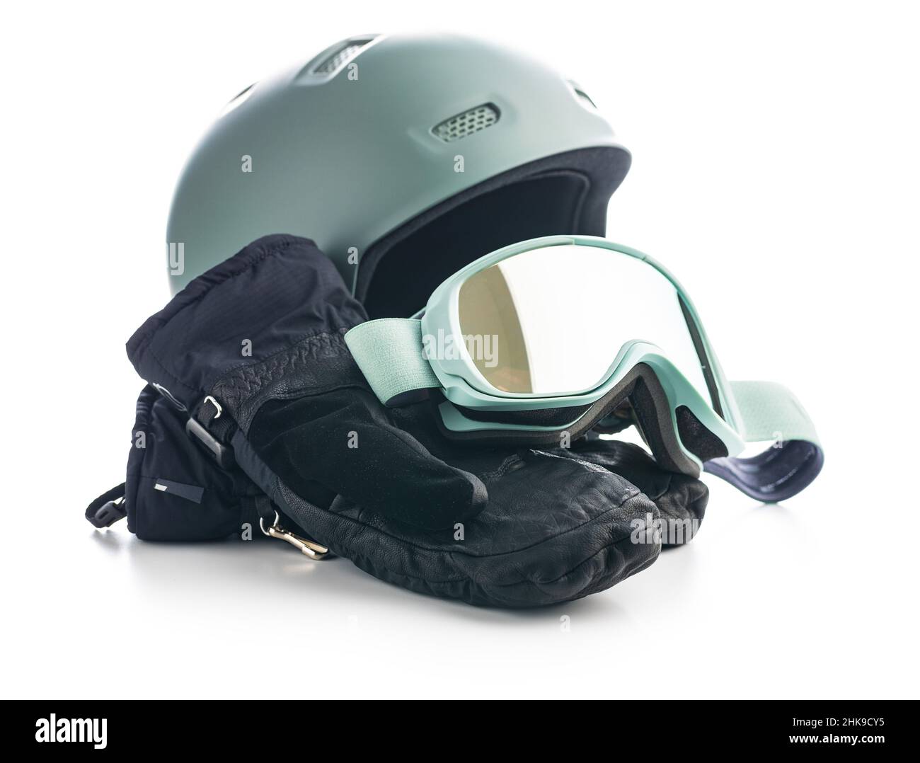 Ski or snowboarding helmet with goggles isolated on a white background. Stock Photo