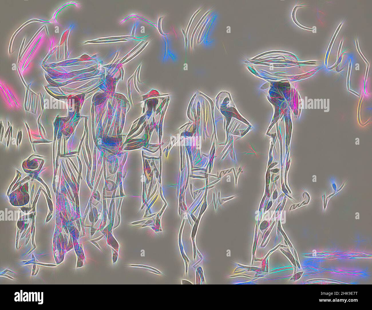 Inspired by Some of the figures carry bowls on their heads. Indonesians, walking in a group Indonesia, Reimagined by Artotop. Classic art reinvented with a modern twist. Design of warm cheerful glowing of brightness and light ray radiance. Photography inspired by surrealism and futurism, embracing dynamic energy of modern technology, movement, speed and revolutionize culture Stock Photo