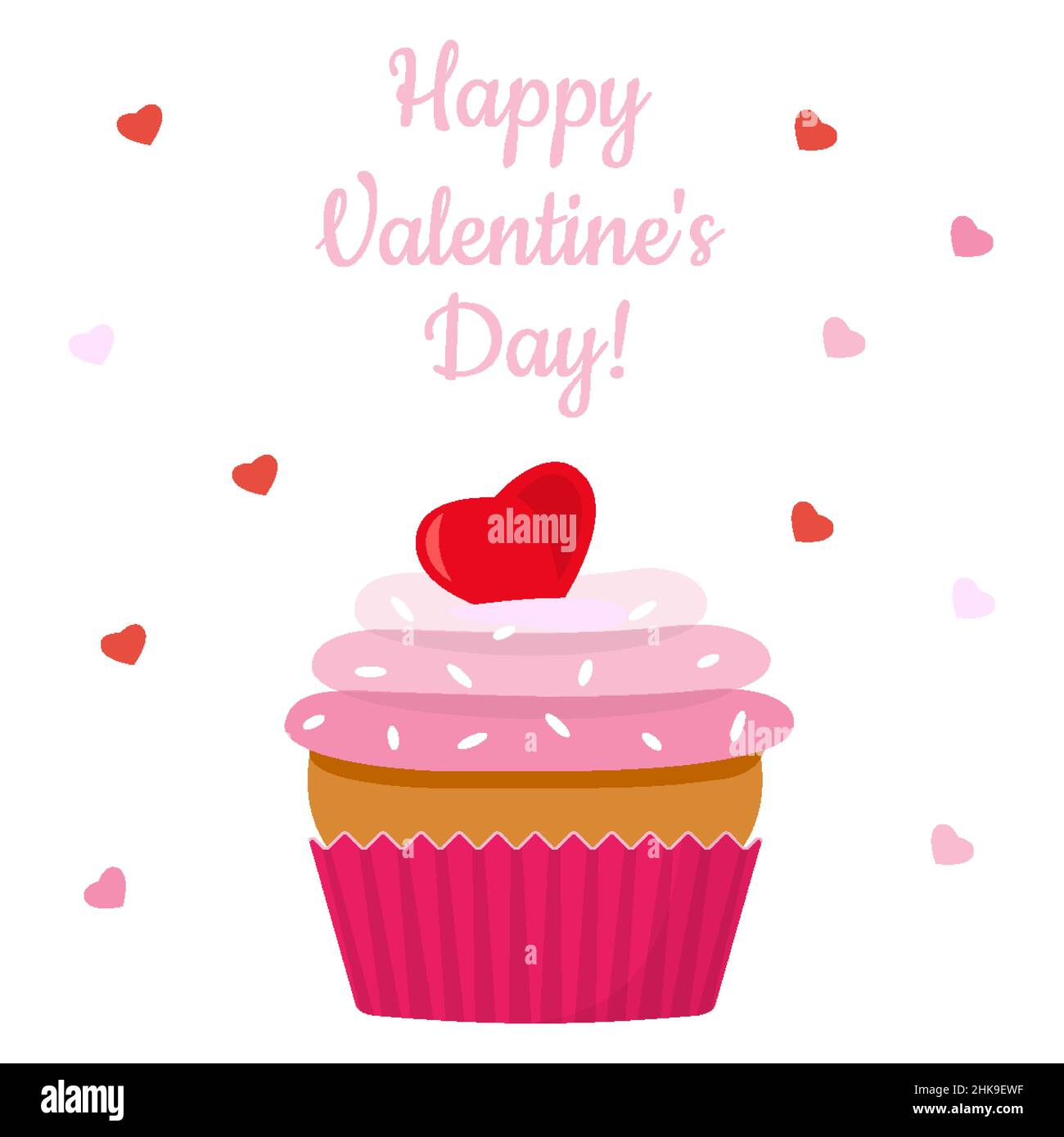 Cupcake with three layers of cream and decorated with a red icing heart with the inscription text Happy Valentines Day. White background and greeting card, poster, template. Vector illustration Stock Vector