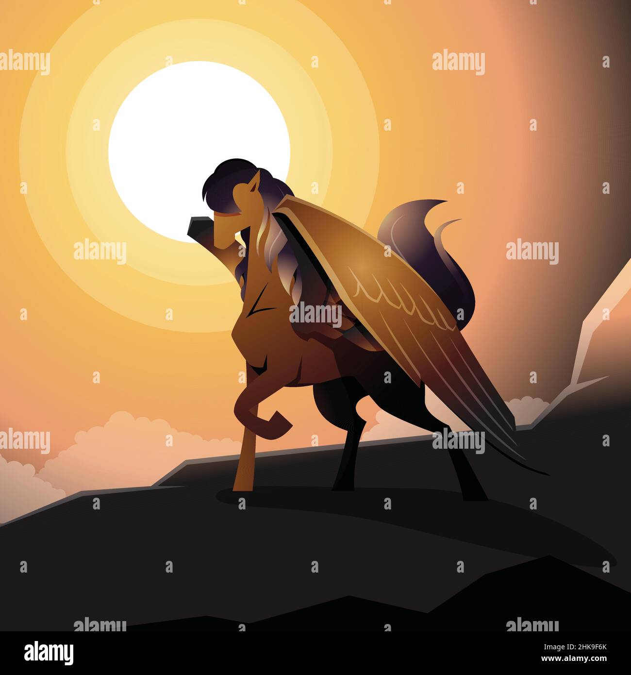 Dark Brown Pegasus Winged Horse Legendary Creature Epic Illustration Stock Vector