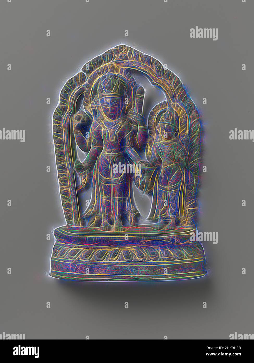 Inspired by Image of the god couple Vishnu and Shri, Image of the god couple Vishnu and Shri. Surrounded by a halo, the two deities stand on a lotus base. Vishnu has four arms with a throwing disc and conch shell in his right hands and a club and lotus in his left. The goddess has two arms; with the, Reimagined by Artotop. Classic art reinvented with a modern twist. Design of warm cheerful glowing of brightness and light ray radiance. Photography inspired by surrealism and futurism, embracing dynamic energy of modern technology, movement, speed and revolutionize culture Stock Photo