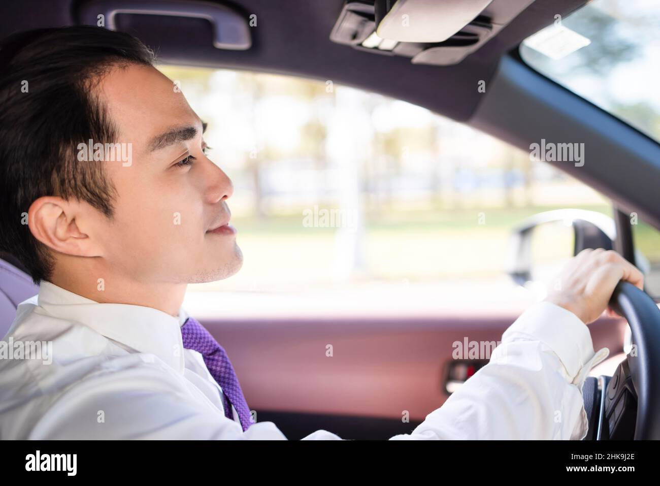Handsome young man driving the car Stock Photo