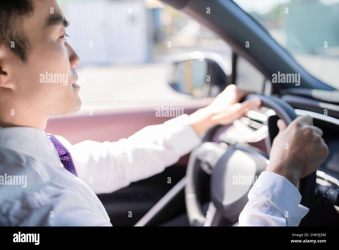 Rear view of Handsome young man driving the car Stock Photo