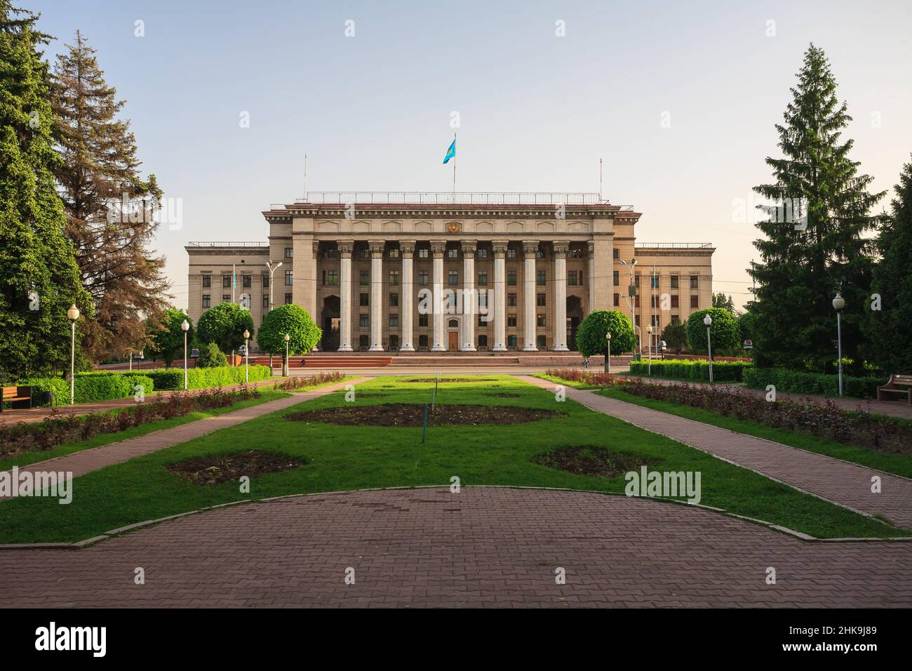 Building of Kazakh-British Technical University/Almaty, Kazakhstan - May 15, 2017; Old Square at sunset Stock Photo