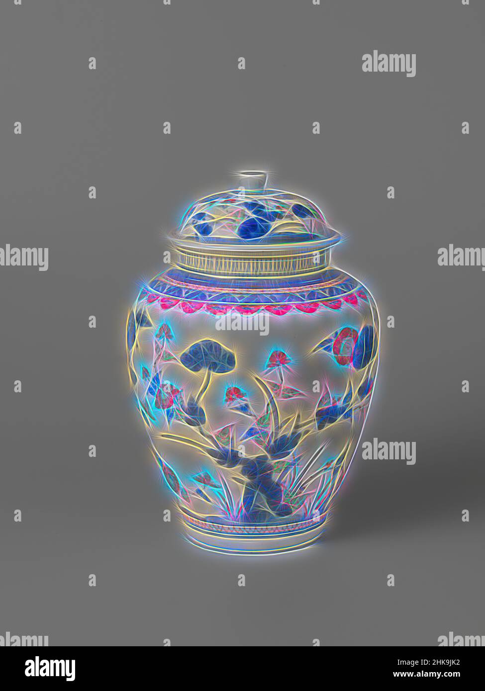 Inspired by Ovoid covered jar with flowering plants, Ovoid covered jar of porcelain, painted in underglaze blue and on the glaze red, green, yellow and black. On the belly three times a flowering plant (peony, prunus, chrysanthemum) on a rock. On the shoulder four decorative bands with arcing, Reimagined by Artotop. Classic art reinvented with a modern twist. Design of warm cheerful glowing of brightness and light ray radiance. Photography inspired by surrealism and futurism, embracing dynamic energy of modern technology, movement, speed and revolutionize culture Stock Photo