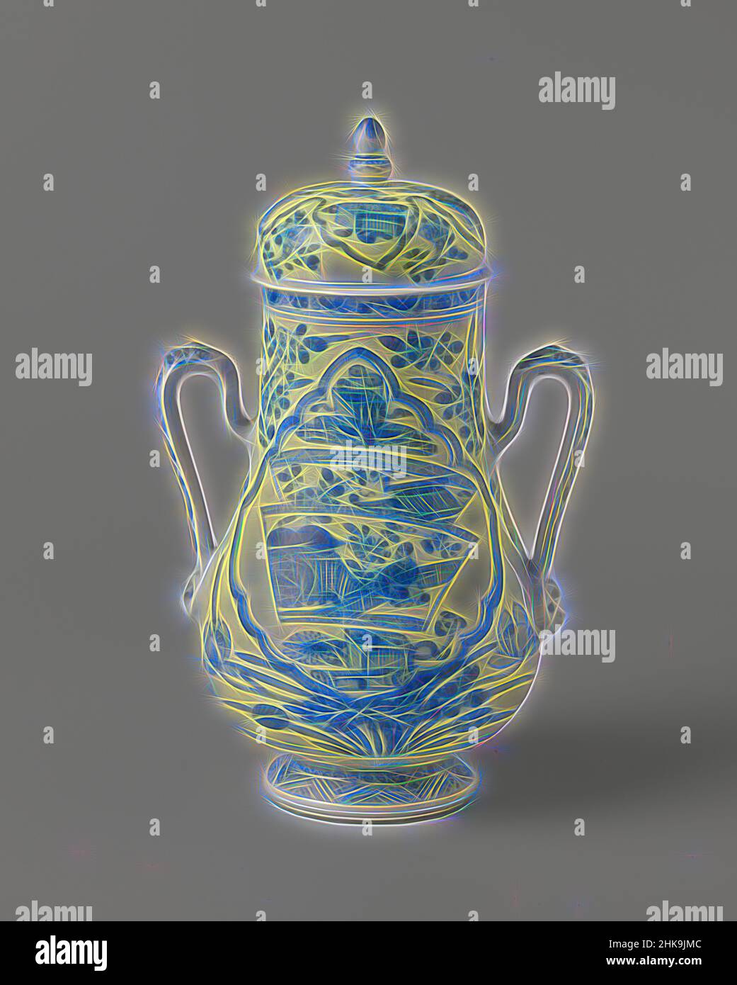 Inspired by Pear-shaped covered jar with precious objects and flower sprays, Pear-shaped covered jar on base of porcelain with two ears whose top is modeled in a monster's head, painted in underglaze blue. On the wall large lotus flowers and flower sprigs between which is a lobed cartouche with, Reimagined by Artotop. Classic art reinvented with a modern twist. Design of warm cheerful glowing of brightness and light ray radiance. Photography inspired by surrealism and futurism, embracing dynamic energy of modern technology, movement, speed and revolutionize culture Stock Photo