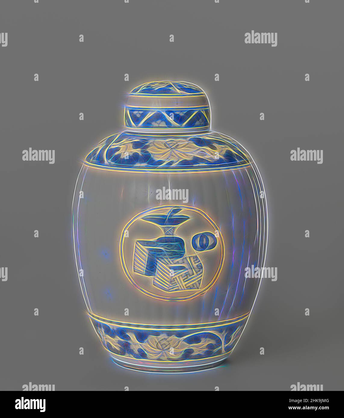 Inspired by Ovoid fluted covered jar with precious objects in medallions and floral scrolls, Ovoid lidded jar with fluted wall, painted in underglaze blue. Carved into the ribbed wall medallions with precious objects. On the shoulder and above the foot a blue band with carved out floral scrolls. The, Reimagined by Artotop. Classic art reinvented with a modern twist. Design of warm cheerful glowing of brightness and light ray radiance. Photography inspired by surrealism and futurism, embracing dynamic energy of modern technology, movement, speed and revolutionize culture Stock Photo