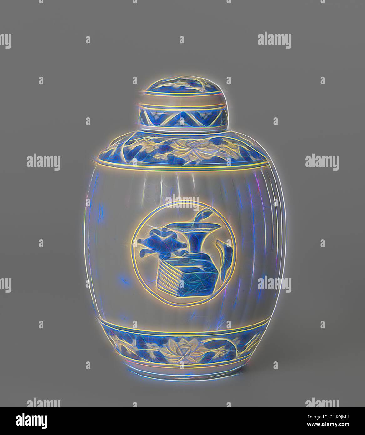 Inspired by Ovoid fluted covered jar with precious objects in medallions and floral scrolls, Ovoid lidded jar with fluted wall, painted in underglaze blue. Carved into the ribbed wall medallions with precious objects. On the shoulder and above the foot a blue band with carved out floral scrolls. The, Reimagined by Artotop. Classic art reinvented with a modern twist. Design of warm cheerful glowing of brightness and light ray radiance. Photography inspired by surrealism and futurism, embracing dynamic energy of modern technology, movement, speed and revolutionize culture Stock Photo