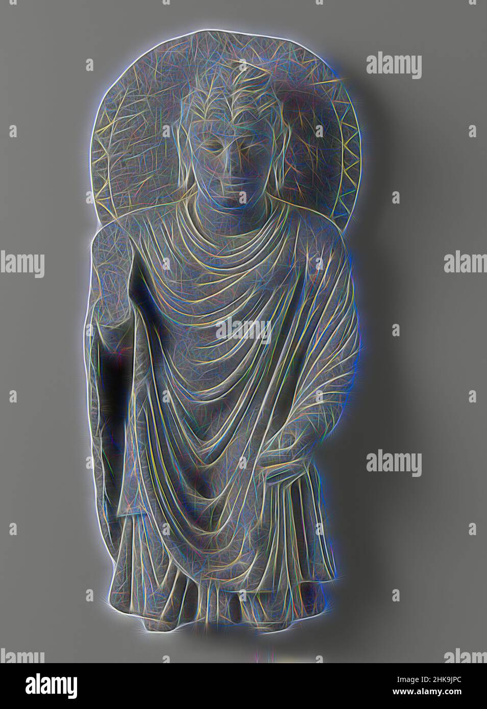 Inspired by Image of standing Buddha, Image of standing Buddha., Gandhara, c. 100 - c. 300, slate (rock), height 46.0 cm × height 57.0 cm × width 20.7 cm × depth 12.1 cm × weight 11.5 kg, Reimagined by Artotop. Classic art reinvented with a modern twist. Design of warm cheerful glowing of brightness and light ray radiance. Photography inspired by surrealism and futurism, embracing dynamic energy of modern technology, movement, speed and revolutionize culture Stock Photo