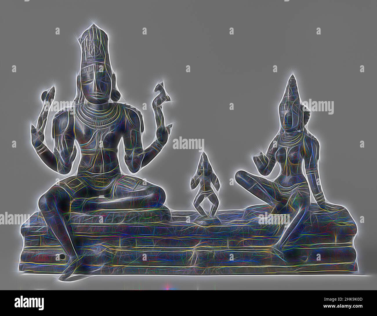 Inspired by Somaskanda, The composition consists of three figures placed on a pedestal. The four-armed Siva is seated in the so-called lalita-asana posture (with one leg hanging down). His right forearm shows the gesture of reassurance (abhaya-mudra); the left forearm is in the kataka-mudra. The, Reimagined by Artotop. Classic art reinvented with a modern twist. Design of warm cheerful glowing of brightness and light ray radiance. Photography inspired by surrealism and futurism, embracing dynamic energy of modern technology, movement, speed and revolutionize culture Stock Photo