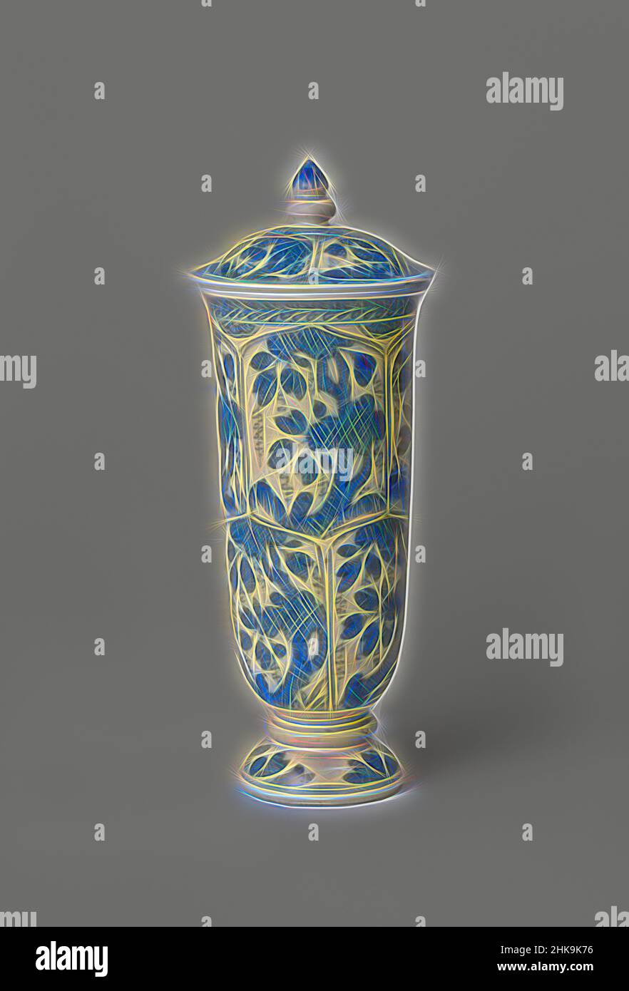 Inspired by Bell-shaped covered beaker vase with hatched plants in petal-shaped panels, Tall, bell-shaped beaker vase with lid of porcelain; tall, spreading base, painted in underglaze blue. On the wall two rows of petal-shaped compartments with flowering plants incised with hatching; between the, Reimagined by Artotop. Classic art reinvented with a modern twist. Design of warm cheerful glowing of brightness and light ray radiance. Photography inspired by surrealism and futurism, embracing dynamic energy of modern technology, movement, speed and revolutionize culture Stock Photo