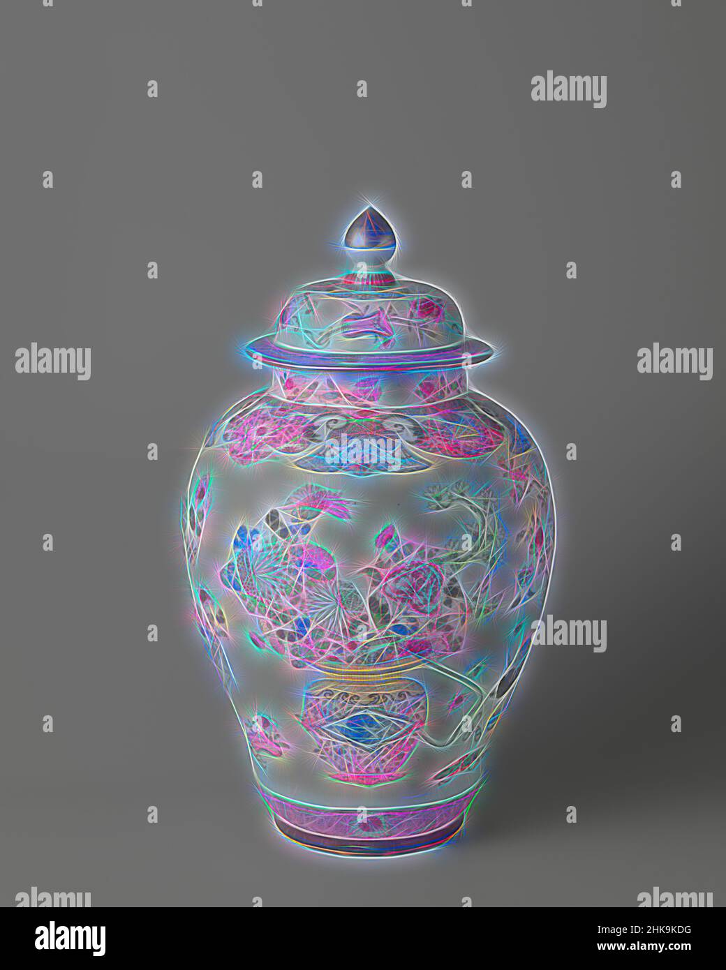 Inspired by Ovoid covered jar with flower baskets and auspicious symbols, Ovoid covered jar of porcelain, painted in underglaze blue and on the glaze in blue, red, pink, green, black and gold. On the wall twice an openwork handle basket with a chilong (hornless dragon) in a scalloped cartouche. The, Reimagined by Artotop. Classic art reinvented with a modern twist. Design of warm cheerful glowing of brightness and light ray radiance. Photography inspired by surrealism and futurism, embracing dynamic energy of modern technology, movement, speed and revolutionize culture Stock Photo
