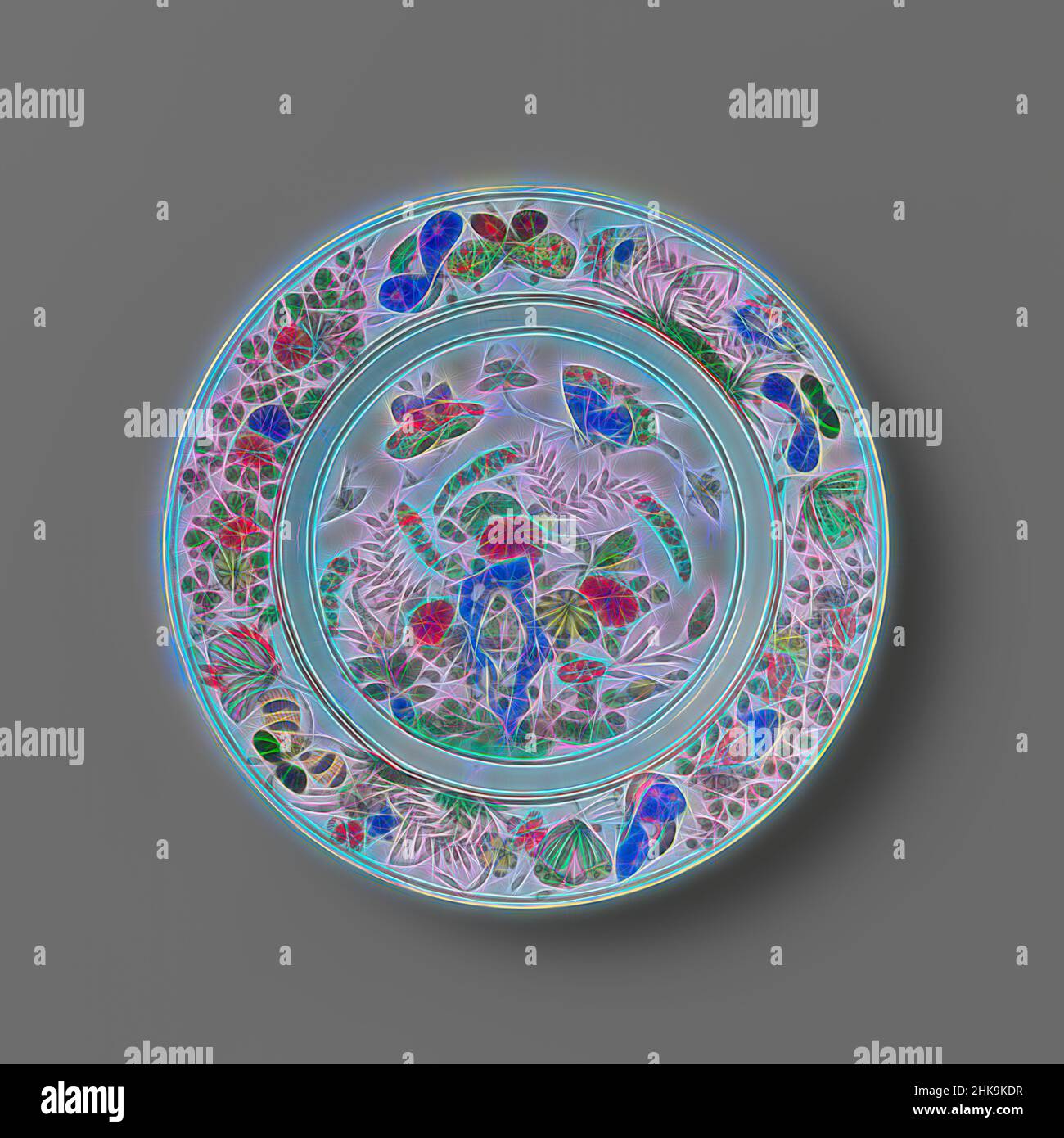 Inspired by Plate with rock, butterflies and flowering plants, Plate of porcelain, painted in underglaze blue and on the glaze blue, red, green, yellow, eggplant and black. On the flat, butterflies and flowering plants near a rock; the rim with four flower groups (chrysanthemum, peony, aster, Reimagined by Artotop. Classic art reinvented with a modern twist. Design of warm cheerful glowing of brightness and light ray radiance. Photography inspired by surrealism and futurism, embracing dynamic energy of modern technology, movement, speed and revolutionize culture Stock Photo