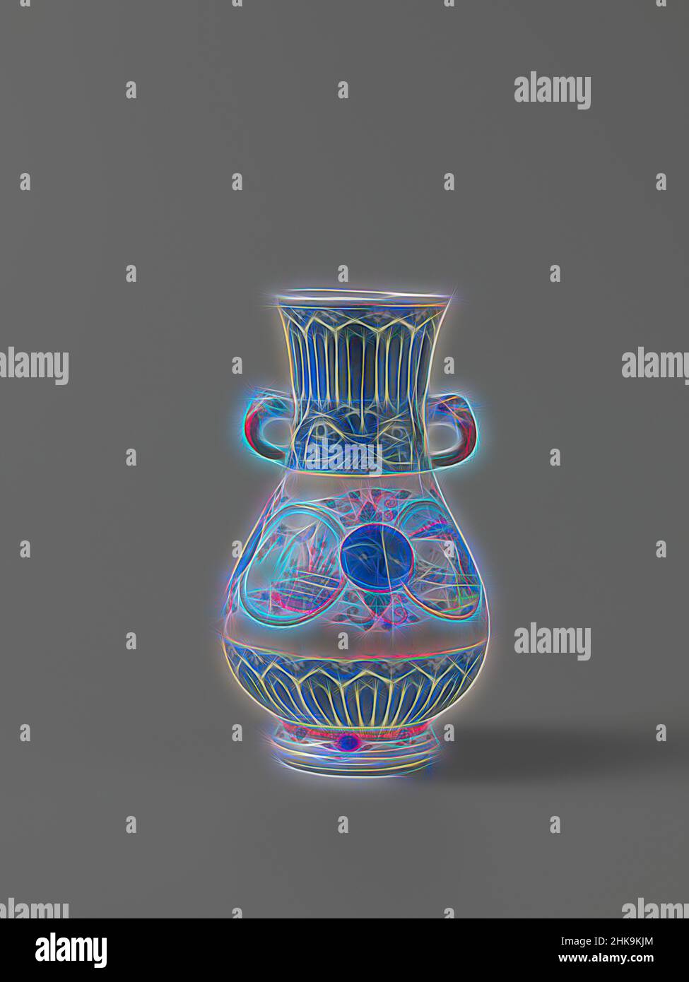 Inspired by Pear-shaped vase with ornamental borders and landscapes in medallions, Pear-shaped vase of porcelain with a wide, slightly spreading neck and two modeled ears in the shape of animal heads. Painted in underglaze blue and on the glaze blue, red, green, yellow, black and gold. Decorated in, Reimagined by Artotop. Classic art reinvented with a modern twist. Design of warm cheerful glowing of brightness and light ray radiance. Photography inspired by surrealism and futurism, embracing dynamic energy of modern technology, movement, speed and revolutionize culture Stock Photo