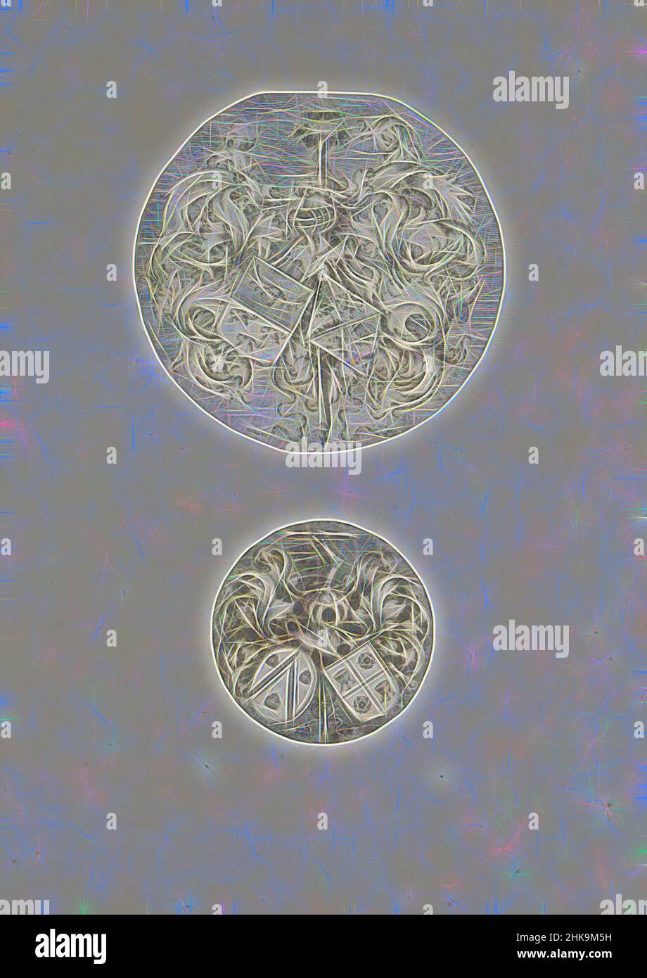 Inspired by Two arms, Two representations on an album leaf. These are two showy helmets with arms. Above a double shield with three goat heads and antlers on the left and a weapon with two lions and two storks on the right (possibly De Vogelaer family). At the bottom a double shield. The shield on, Reimagined by Artotop. Classic art reinvented with a modern twist. Design of warm cheerful glowing of brightness and light ray radiance. Photography inspired by surrealism and futurism, embracing dynamic energy of modern technology, movement, speed and revolutionize culture Stock Photo