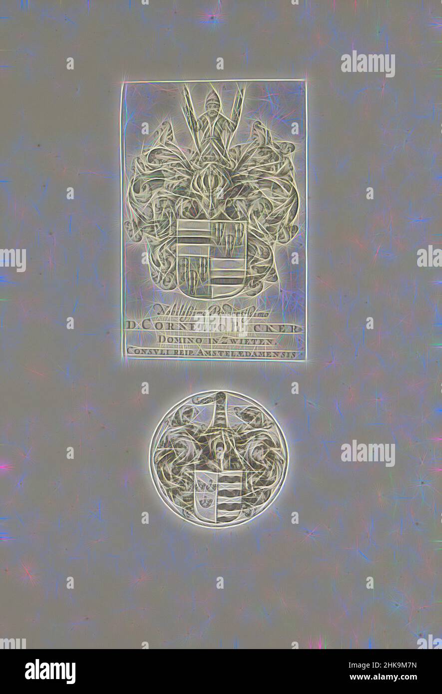 Inspired by Two arms, Two representations on an album page. At the top, the coat of arms of Cornelis Bicker, lord of Swieten. The representation was originally part of the print titled 'Amphitheatrum Vespasiani, nunc vulgo Il Coliseo'. Underneath is an as yet unidentified coat of arms with three, Reimagined by Artotop. Classic art reinvented with a modern twist. Design of warm cheerful glowing of brightness and light ray radiance. Photography inspired by surrealism and futurism, embracing dynamic energy of modern technology, movement, speed and revolutionize culture Stock Photo
