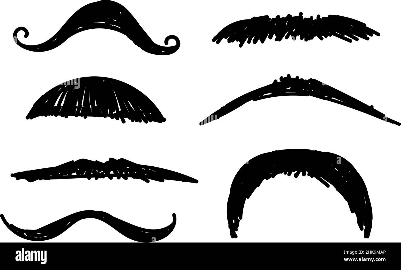 A set of mustachioed doodle icons. Hand-drawn doodles in sketch style. Line drawing of a simple mouth beard. Isolated vector illustration. Stock Vector
