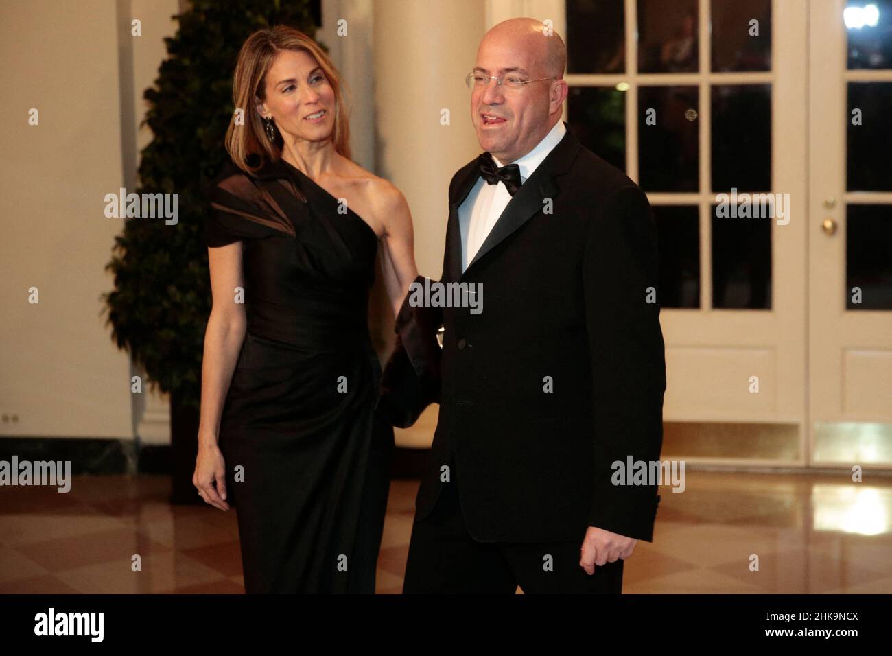 File photo dated February 11, 2014 of Jeffrey 'Jeff' Zucker, president of Cable News Network Inc., right, and Caryn Zucker arrive to a state dinner at the White House in Washington, DC, USA. CNN president Jeff Zucker has resigned from the network after failing to disclose a romantic relationship with a senior executive. The 56-year-old Mr Zucker said in a memo to colleagues that he was 'wrong' to not report the relationship as required. The relationship was discovered during an investigation into the conduct of fired CNN anchor Chris Cuomo. Photo by Andrew Harrer/Pool/ABACAPRESS.COM Stock Photo