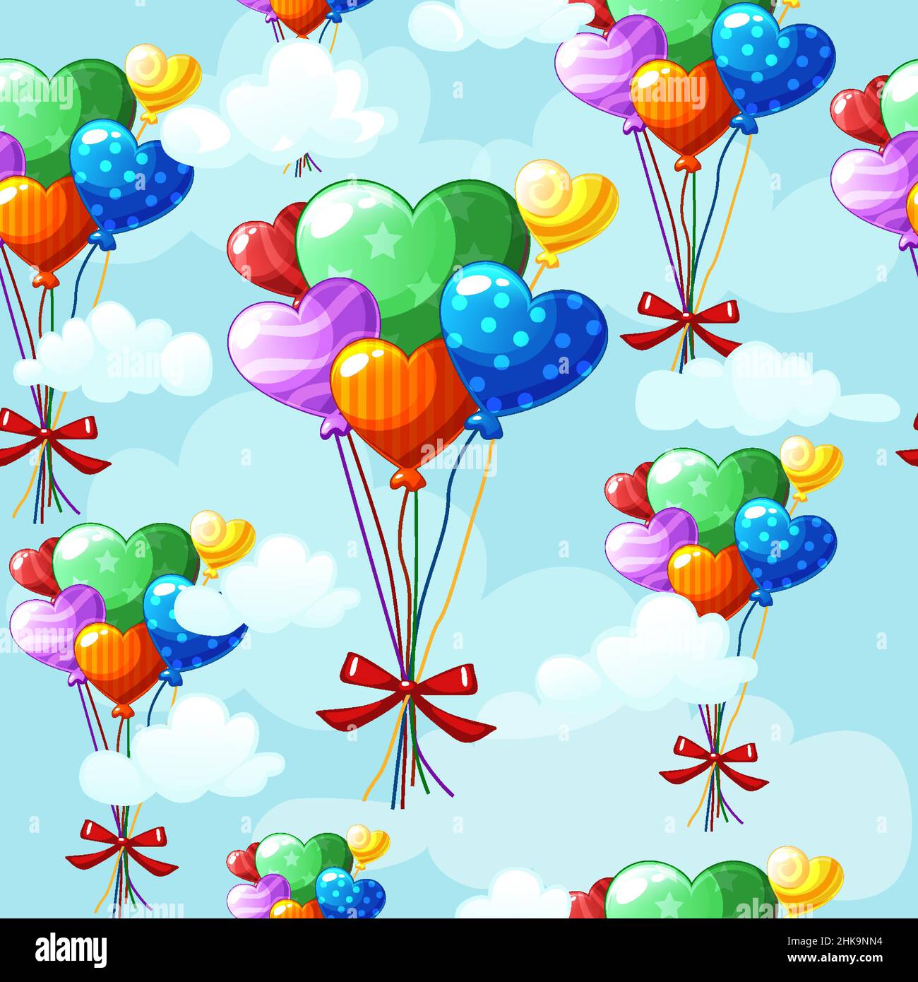 Seamless pattern heart-shaped colored balloons in the sky background. Stock Vector