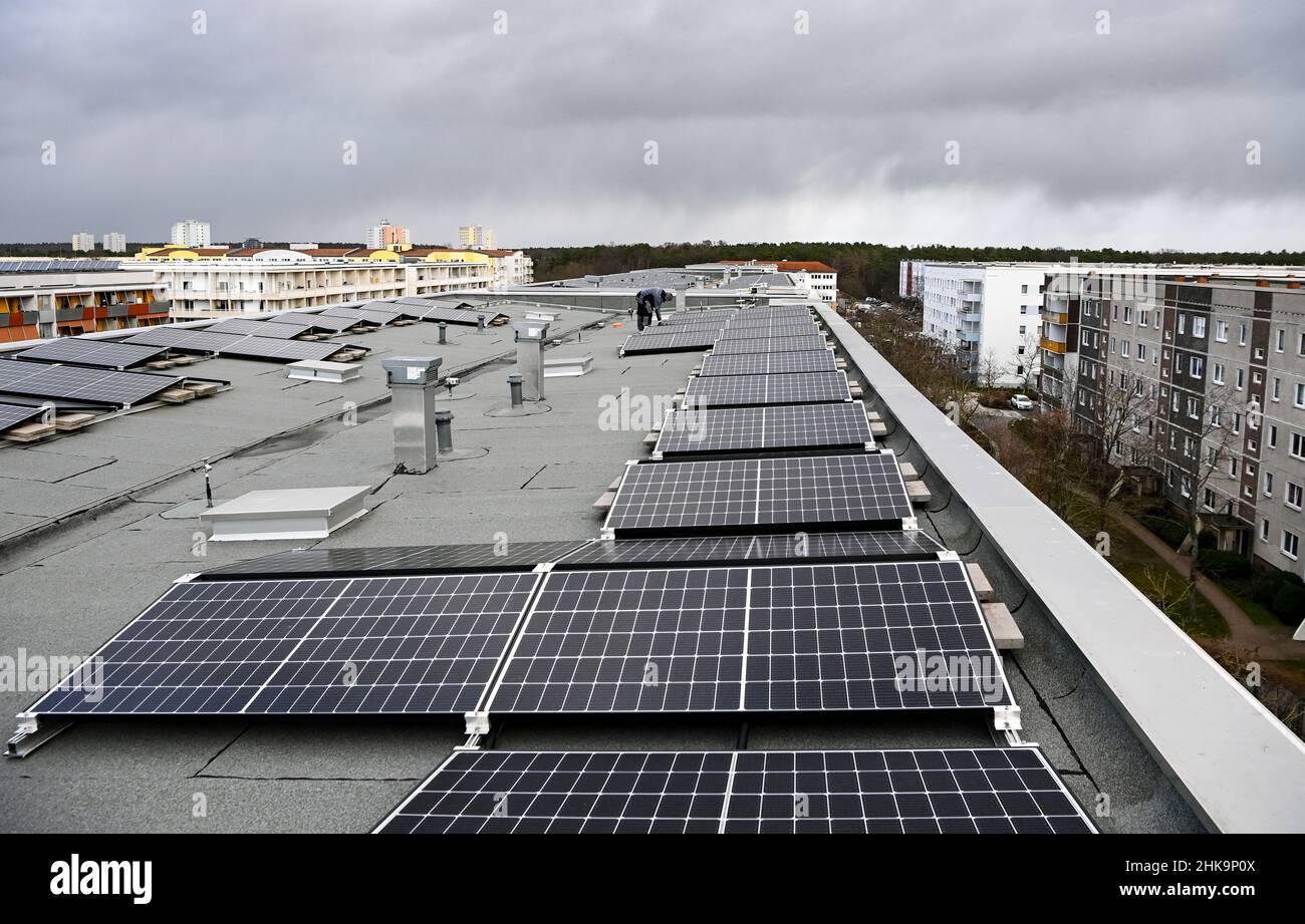 02 February 2022, Brandenburg, Potsdam: A photovoltaic tenant power ...