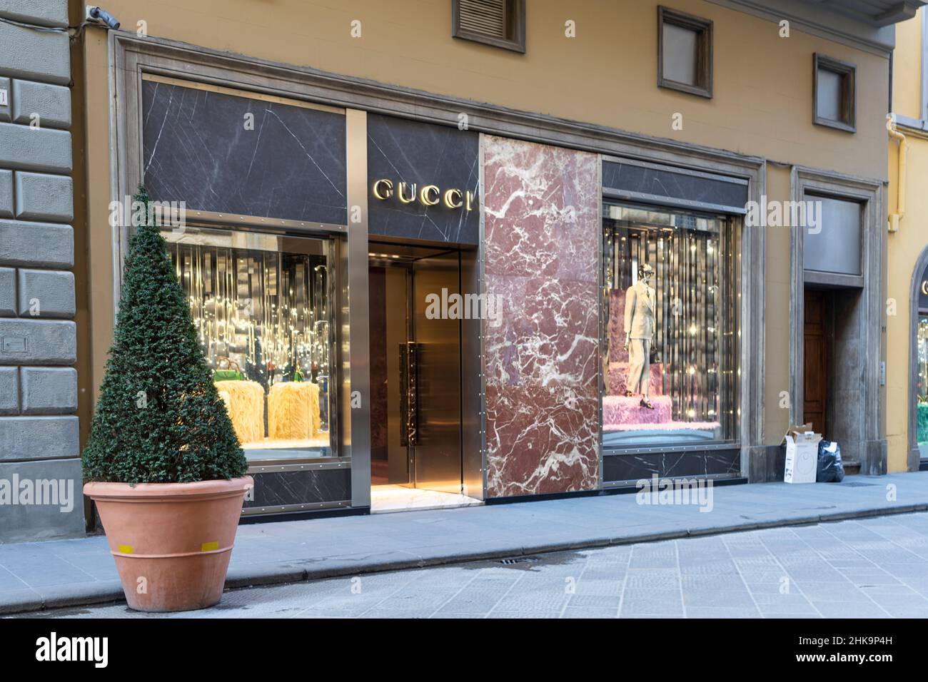 Florence, Italy. January 2022. the view of the windows of the Gucci brand store in the city