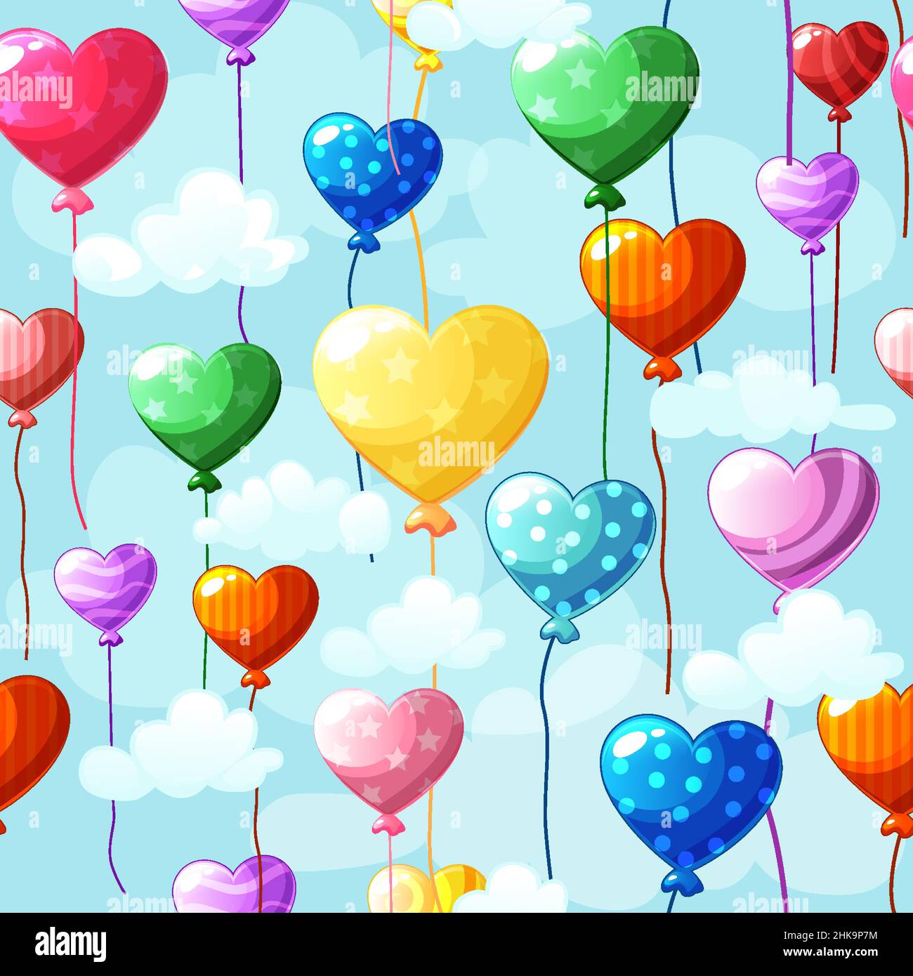 Seamless pattern heart-shaped colored balloons in the sky with clouds background. Stock Vector