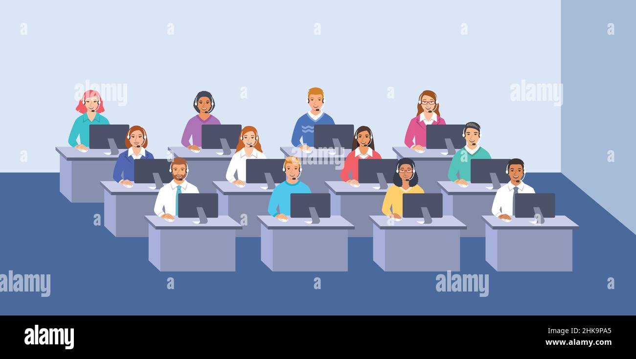 Call center customer care operators team with headsets at the desks in office. Flat vector illustration. Customer support service agents, men and wome Stock Vector