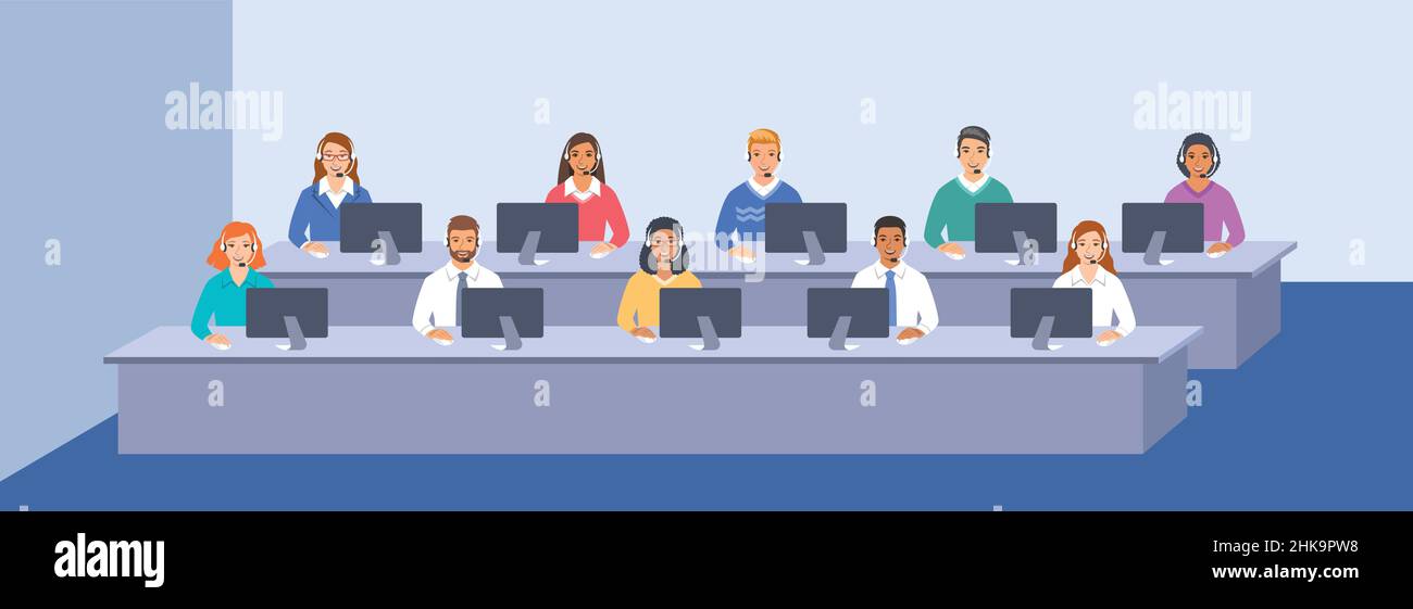 Call center customer care operators team with headsets at the desks in office. Flat vector illustration. Customer support service agents, men and wome Stock Vector