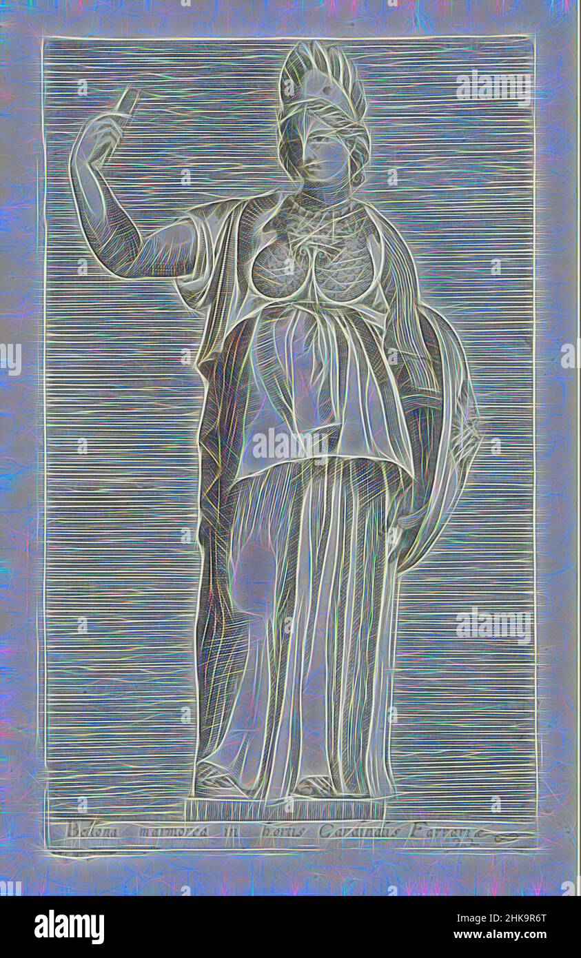 Inspired by Sculpture of Bellona, Bellona marmorea in hortis cardinalis Farrariae, Antique sculptures in Rome, Antiquarum statuarum urbis Romae quae in publicis locis visuntur icones, Caption in Latin. Print is part of an album., print maker:, publisher: Andrea Vaccari, print maker: Italy, publisher, Reimagined by Artotop. Classic art reinvented with a modern twist. Design of warm cheerful glowing of brightness and light ray radiance. Photography inspired by surrealism and futurism, embracing dynamic energy of modern technology, movement, speed and revolutionize culture Stock Photo