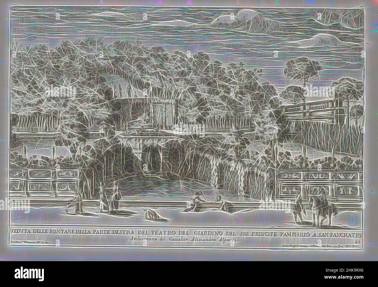 Inspired by Fountain in the gardens of Villa Doria Pamphilj in Rome, Veduta delle fontane della parte destra del teatro del giardino (...), Le fontane ne palazzi e ne giardini di Roma, Fountains in the palaces and gardens of Rome, Numbered lower right: 22. The print is part of an album., print maker, Reimagined by Artotop. Classic art reinvented with a modern twist. Design of warm cheerful glowing of brightness and light ray radiance. Photography inspired by surrealism and futurism, embracing dynamic energy of modern technology, movement, speed and revolutionize culture Stock Photo