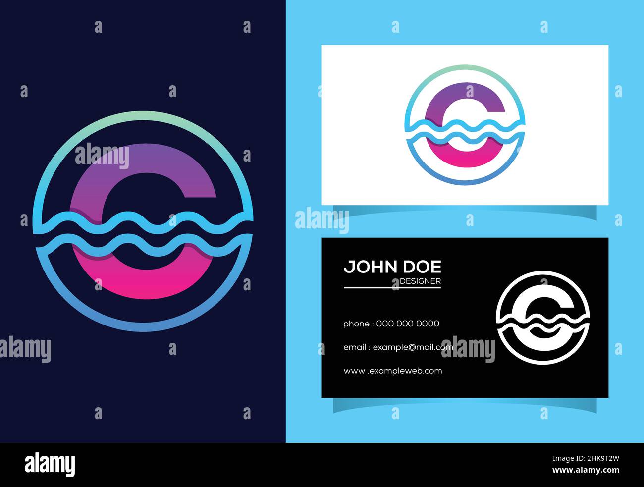 Initial C monogram alphabet in a circle with water waves. Water wave ...