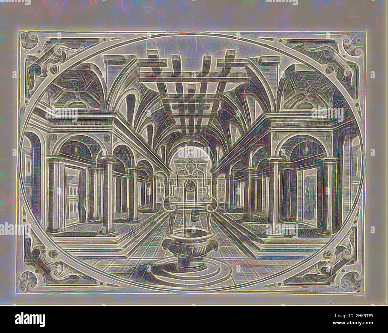 Inspired by Colonnade with a ruined vault and a well, Variae Architecturae Formae (...), Architectural perspectives in oval frames for intarsia, View into a colonnade with a ruined vault, covered with beams. In the foreground a well. In the corners scrollwork. The print is part of an album., print, Reimagined by Artotop. Classic art reinvented with a modern twist. Design of warm cheerful glowing of brightness and light ray radiance. Photography inspired by surrealism and futurism, embracing dynamic energy of modern technology, movement, speed and revolutionize culture Stock Photo