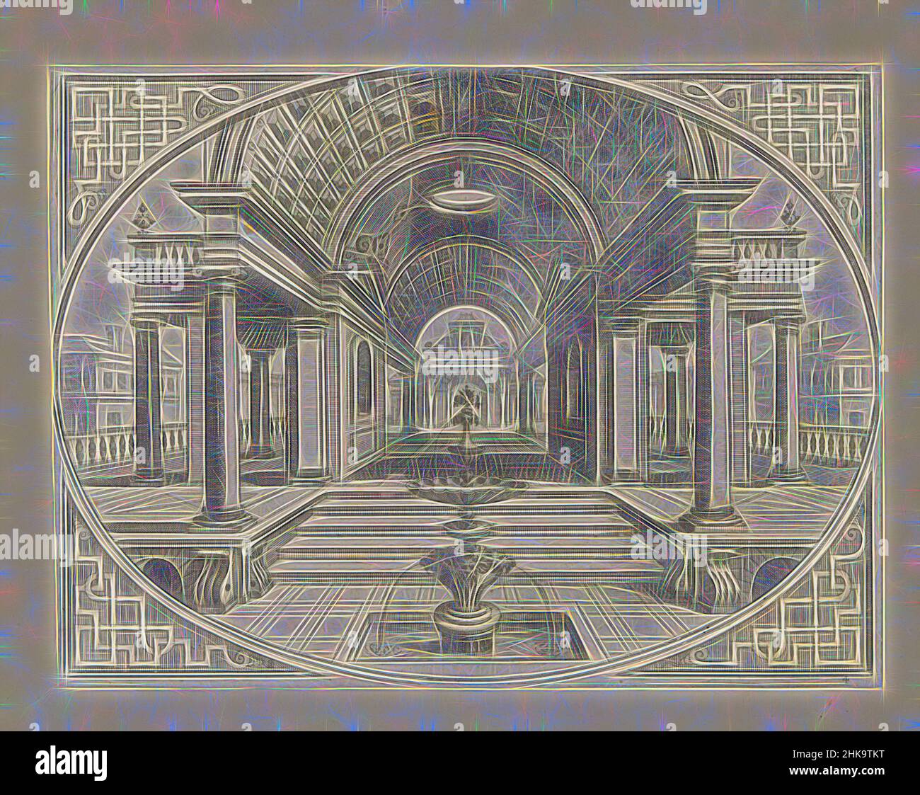 Inspired by Open hall with tunnel vault and fountain in the foreground, Variae Architecturae Formae (...), Architectural perspectives in oval frames for intarsia, Open hall with a tunnel vault. The front and rear parts of the vault are decorated with cassettes. In the center is an oculus. In the, Reimagined by Artotop. Classic art reinvented with a modern twist. Design of warm cheerful glowing of brightness and light ray radiance. Photography inspired by surrealism and futurism, embracing dynamic energy of modern technology, movement, speed and revolutionize culture Stock Photo