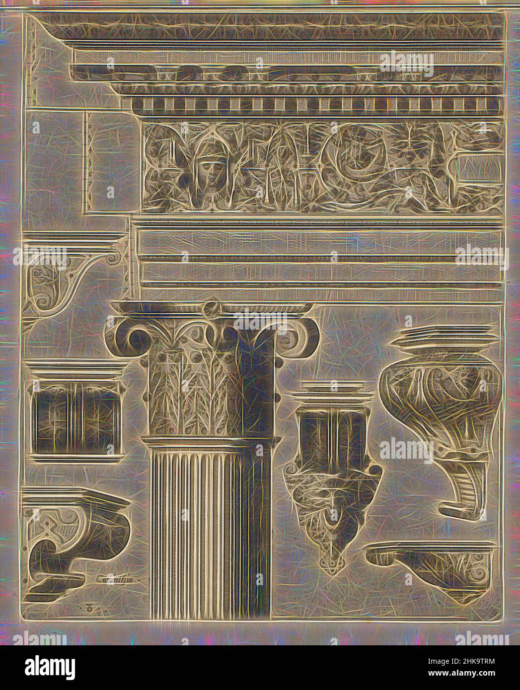 Inspired by Corinthian entablature with six consoles, Das ander Buech gemacht auff die zway Colonnen, Corinthia und Composita, Corinthian entablature. The frieze is decorated with a cartouche, a mascaron, scrollwork, grotesques and garlands. There are six loose consoles. The print has three scale, Reimagined by Artotop. Classic art reinvented with a modern twist. Design of warm cheerful glowing of brightness and light ray radiance. Photography inspired by surrealism and futurism, embracing dynamic energy of modern technology, movement, speed and revolutionize culture Stock Photo