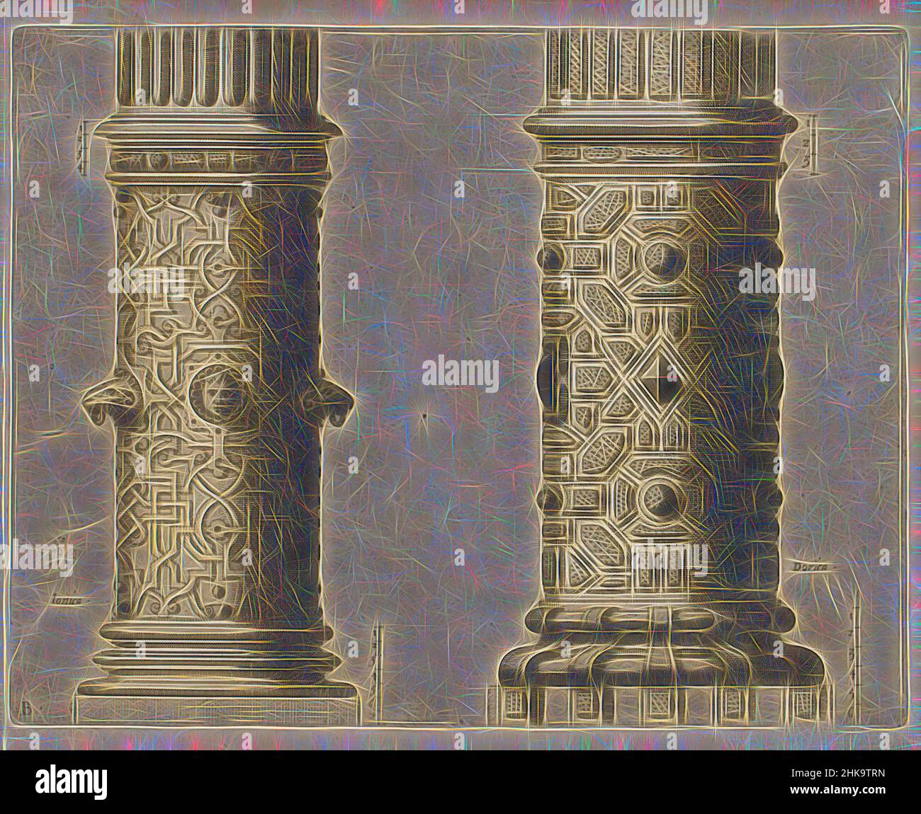 Inspired by Two 'columnae caelatae', Den eersten boeck ghemaeckt op de twee Colomnen Dorica en Ionica, Two 'columnae caelatae'. On the left the lower part of a column of the Ionic Order with moresques and mascarons. On the right the lower part of a column of the Doric Order with stylized bossage, Reimagined by Artotop. Classic art reinvented with a modern twist. Design of warm cheerful glowing of brightness and light ray radiance. Photography inspired by surrealism and futurism, embracing dynamic energy of modern technology, movement, speed and revolutionize culture Stock Photo