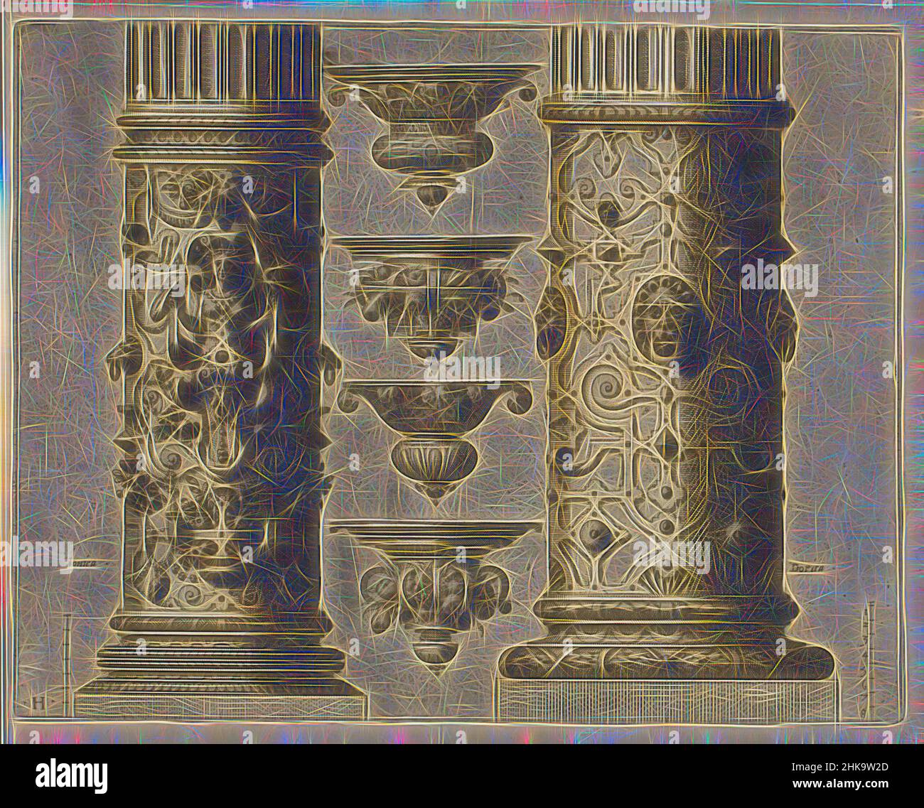 Inspired by Two 'columnae caelatae' and four consoles, Den eersten boeck ghemaeckt op de twee Colomnen Dorica en Ionica, On the left the lower half of a column of the Ionic Order with a female hermit, caught in scrollwork. On the right, the lower half of a Doric column with hardware and mascarons. In, Reimagined by Artotop. Classic art reinvented with a modern twist. Design of warm cheerful glowing of brightness and light ray radiance. Photography inspired by surrealism and futurism, embracing dynamic energy of modern technology, movement, speed and revolutionize culture Stock Photo
