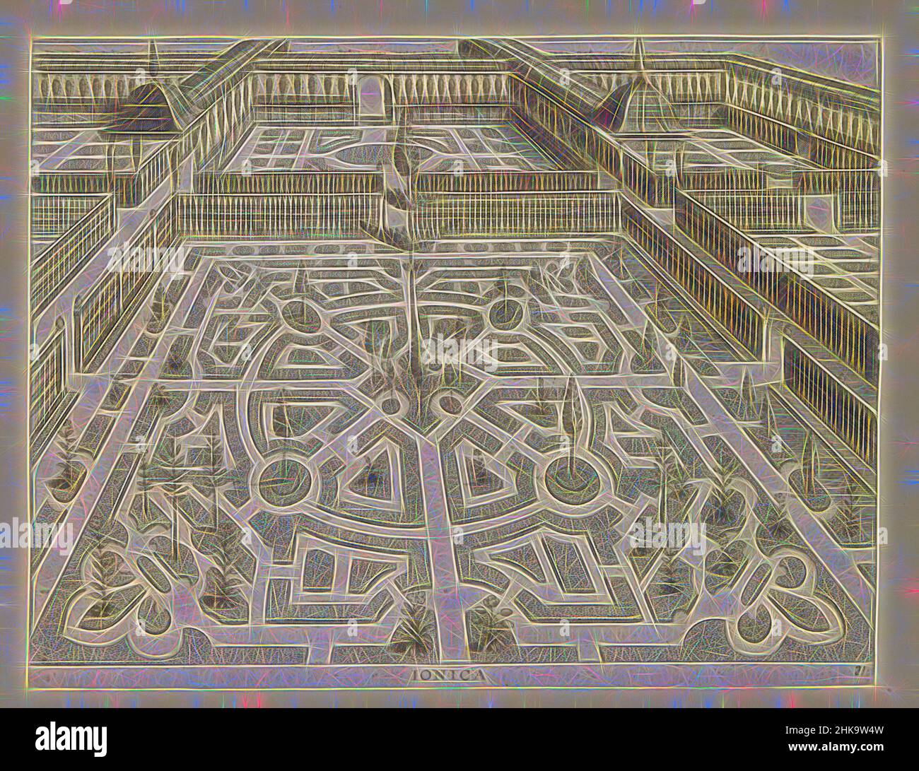 Inspired by Garden with a parterre with in the corners fleurs de lis, Ionica, Hortorum Viridariorumque elegantes et multiplicis formae, Garden designs associated with the Doric, Ionic and Corinthian building orders, Garden with a parterre with in the corners fleurs de lis. The garden is laid out, Reimagined by Artotop. Classic art reinvented with a modern twist. Design of warm cheerful glowing of brightness and light ray radiance. Photography inspired by surrealism and futurism, embracing dynamic energy of modern technology, movement, speed and revolutionize culture Stock Photo