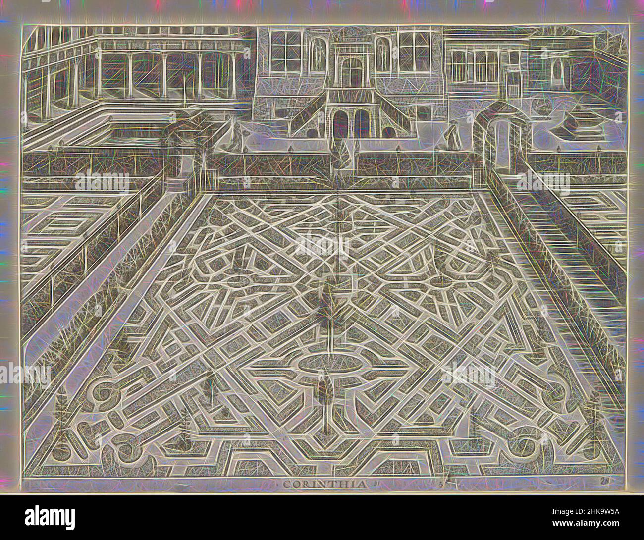 Inspired by Garden with a parterre with in the diagonals compartments in the form of columns, Corinthia, Hortorum Viridariorumque elegantes et multiplicis formae, Garden designs associated with the Doric, Ionic and Corinthian building orders, Garden with a parterre with in the diagonals compartments, Reimagined by Artotop. Classic art reinvented with a modern twist. Design of warm cheerful glowing of brightness and light ray radiance. Photography inspired by surrealism and futurism, embracing dynamic energy of modern technology, movement, speed and revolutionize culture Stock Photo