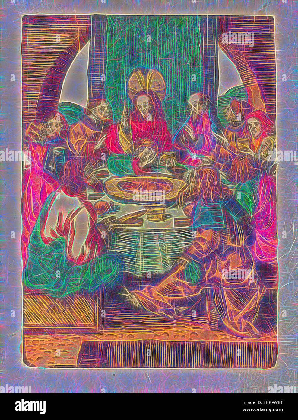 Inspired by Last Supper, The Little Passion, Stupid Passion, Christ sits with his disciples at the Last Supper. John lays his head against Christ's chest. The paschal lamb lies on a platter on the table. In the foreground Judas with the bag of silver pieces in his hand. Print is part of a book, Reimagined by Artotop. Classic art reinvented with a modern twist. Design of warm cheerful glowing of brightness and light ray radiance. Photography inspired by surrealism and futurism, embracing dynamic energy of modern technology, movement, speed and revolutionize culture Stock Photo